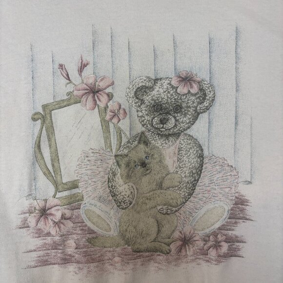 Vintage Pullover Sweatshirt Medium Lightweight Fleece Teddy Bear Kitten Coquette - Picture 9 of 13